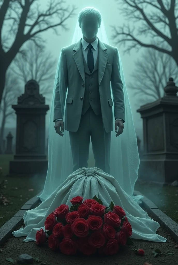 A garb in a cemetery, where a ghost floats over it in a suit and roses lie on the grave