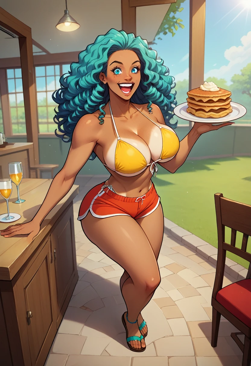  Pamela Melkor Macin. Brazilian woman, Brazil, tanned skin, brunette woman, curly hair, cyan hair, long curly pigtails, soft cheekbones, score_9, score_8_above, score_7, shorts , short polo, waitress, sandals, sexy, friendly, happy, coquette, Voluminous body, big ass, big breast, pose sexy, tight clothes, revealing clothing, bikini, Stupid, Big hips, holding a plate of food, excited, hedonist.
