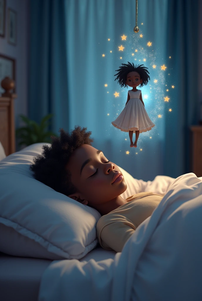 Un garçon noir dans son lit qui rêve d’une fille noire