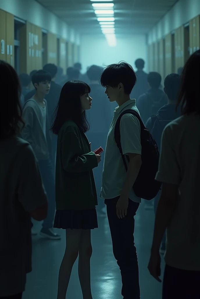 Create a teenage girl and boy separated in a school in the hallway among several people dark romance Korea
