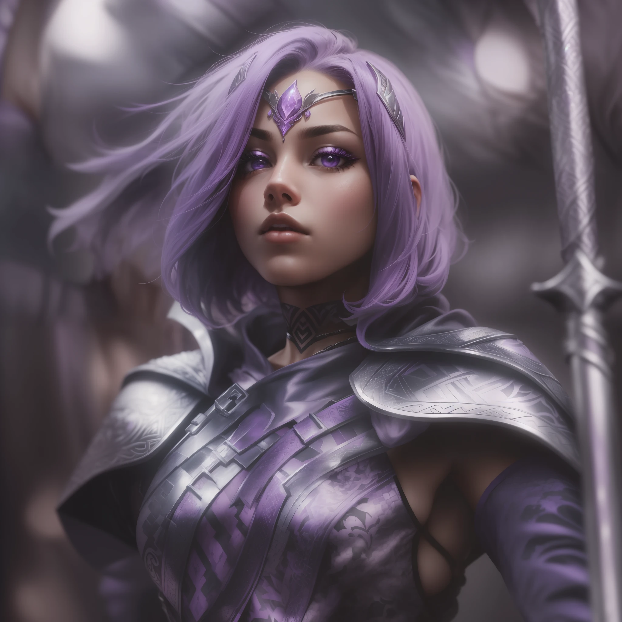 Captured from a low-angle perspective, a female warrior is depicted in a close-up shot. She is dressed in a metallic outfit, adorned with a purple hoodie and silver gloves. Her hair is styled in a short bob, adding a pop of color to her face. Her eyes are a piercing blue, and her lips are a darker pink. Her skin is covered in a pattern of black and white, while her hair is a light purple. She has a tattoo on her chest. Her left hand is raised, and she is holding a purple sword in her right hand. The background is blurred, suggesting a natural setting.
