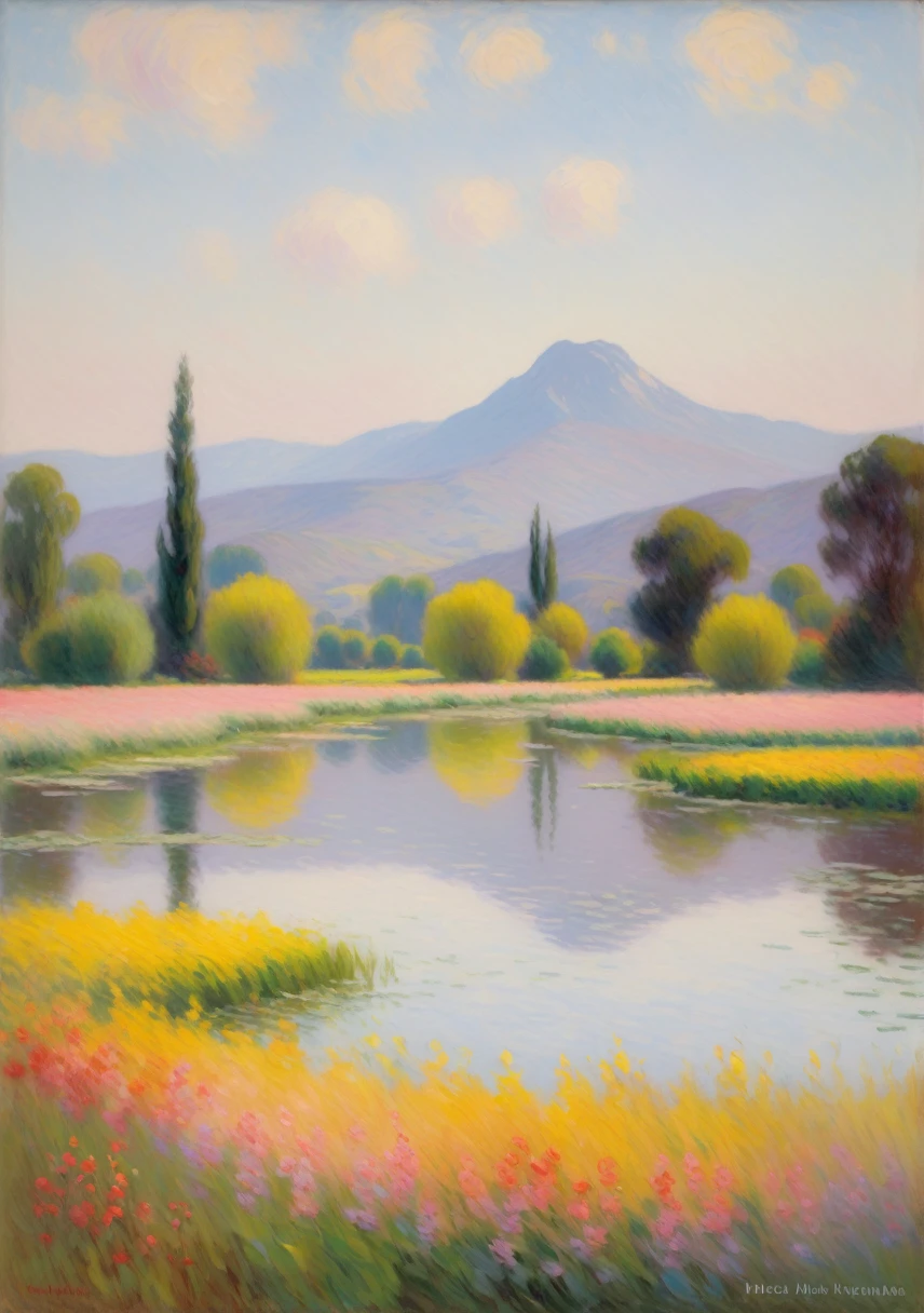 Painting serene landscapes like Monet's Water Lilies、Plants and animals around a pond in the forest、Beautiful colors、Detailed depiction、high quality、Bright sunlight