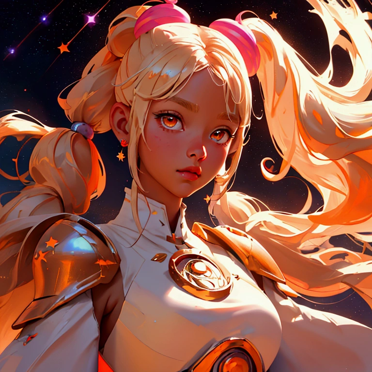 envision a 8k, highres, cinematic, close up beautiful portrait of an Big tall girl named Sana Tsukumo with long blonde hair in pigtails, hair ornaments, orange eyes, wearing a white dress and cosmic armor against a space background with stars