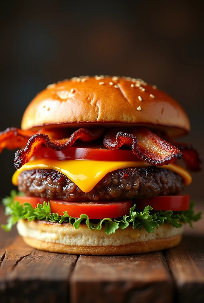 Create a burger that has smoked bacon, doble cheddar, tomato, and sauce