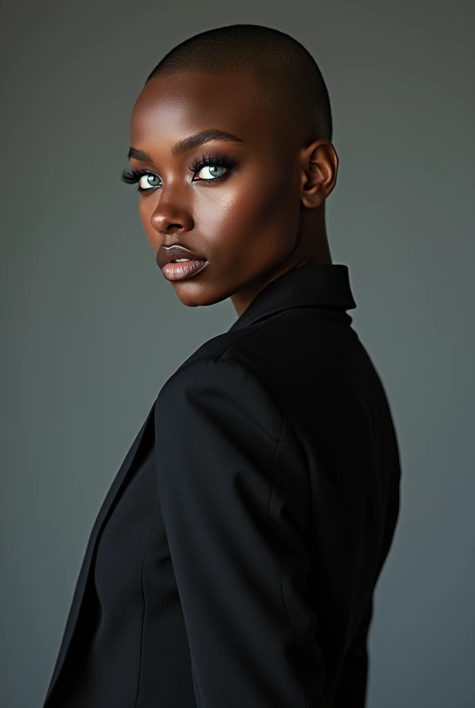 realistic photo of photoshoot of very black woman model shaved head, large, expressive light blue eyes, full mouth, thin face, looking at the camera, gray empty background with artificial photographic lighting. olhar serio e sexy, gaping mouth, showing the model&#39;s full body from the side. standing
