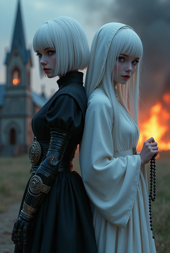 Two albino girls from the Middle Ages standing back to back with violet eyes and white hair, with the one on the left with short hair in dark alchemist clothes and with the left hand with a steampunk prosthesis with the baphomet symbol, and the one on the right in white nun&#39;s clothes holding a rosary,, with a burning church behind, the night.