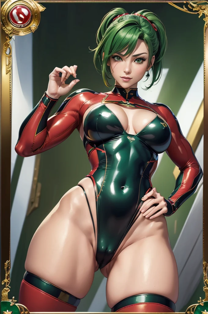 (masterpiece:1.2, Highest quality),(Very detailed),8K,wallpaper,1 female,Mature Woman,4,Sentai heroine colorful, Muscular,((dark red line on clear green metallic squadron suit)),(((betterhand))), green hair, ,(The background is aurora rainbow),Random hairstyle,Random pose,(((Beautiful female hands,detailed drawing of a hand))),cyber punk,((Beautiful trading cards,gold framed)), ((cameltoe)),