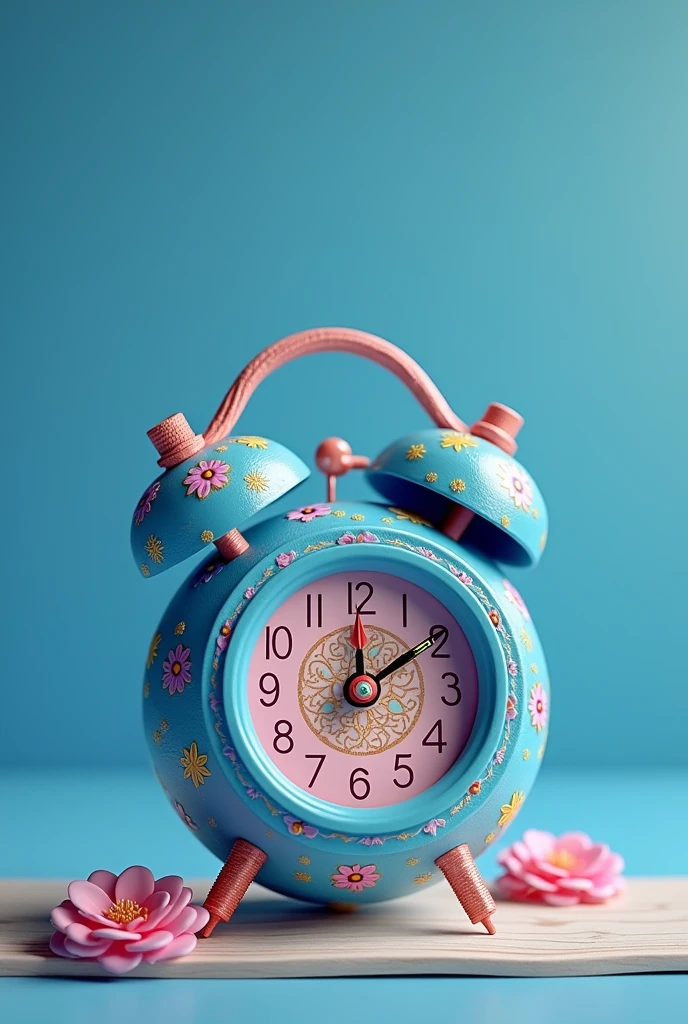 Race that has a blue clock with pink and yellow details with a little bit of rose, make the alarm clock in the room the background is all blue and the floor is wooden