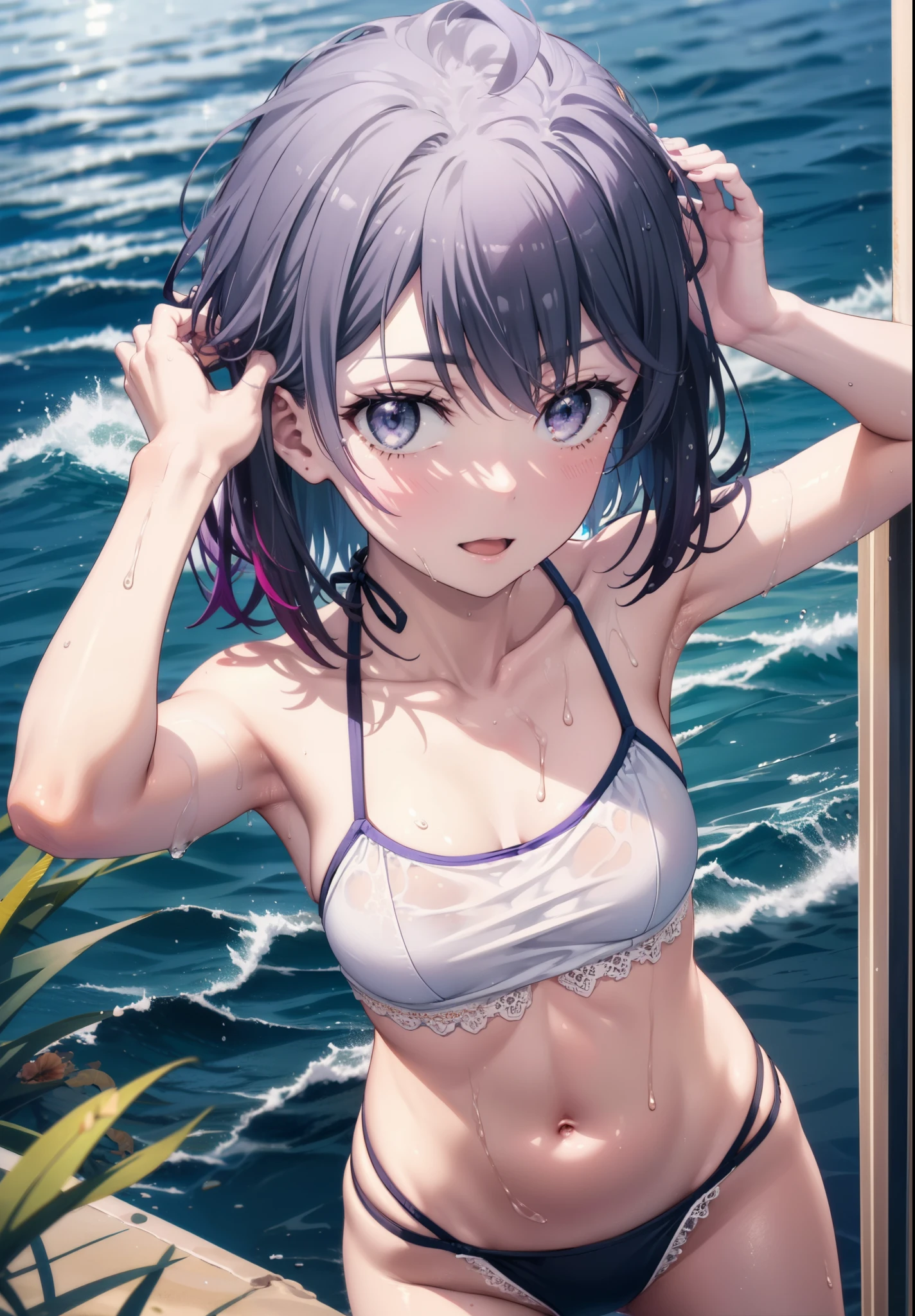 Haruno Yukinoshita, Haruno Yukinoshita, short hair, Hair between the eyes, (Iris:1.5), Black Hair, Gradient Hair, Two-tone hair, Purple Hair, smile,Open your mouth,
Black Bikini Swimsuit,barefoot,Wet swimsuit,Wet Hair,Wet Skin,Water Play,Daytime,Clear skies,True Summer,whole bodyがイラストに入るように,
break looking at viewer,whole body, (Cowboy Shot:1. 5),
break outdoors, Ocean,Beach,
break (masterpiece:1.2), Highest quality, High resolution, unity 8k wallpaper, (figure:0.8), (Beautiful attention to detail:1.6), Highly detailed face, Perfect lighting, Highly detailed CG, (Perfect hands, Perfect Anatomy),