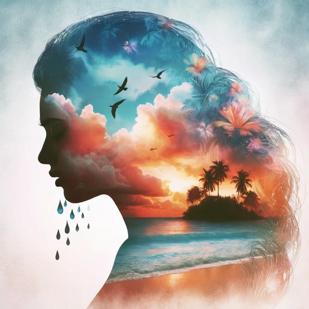 Create a double-exposure digital image that captures a transparent silhouette of a Plus Size Woman crying with droplets of tears. Let the transparent outline of the woman be filled with an island with coconut trees and a backdrop of a radiant sunset and colourful clouds with silhoutte of birds giving the impression of a voluptuos fertility godess. Her long hair transforms into colourful clouds evoking serenity and tranquility. Use the backdrop of a pale, misty sunset to further enhance the inviolability of the scene. The textures used inside the woman silhouette should be feminist and voluptuose. Ensure the overall aesthetic has a warm and soft tone that emphasizes the vibrant spirit of feminine beauty and female sexiness