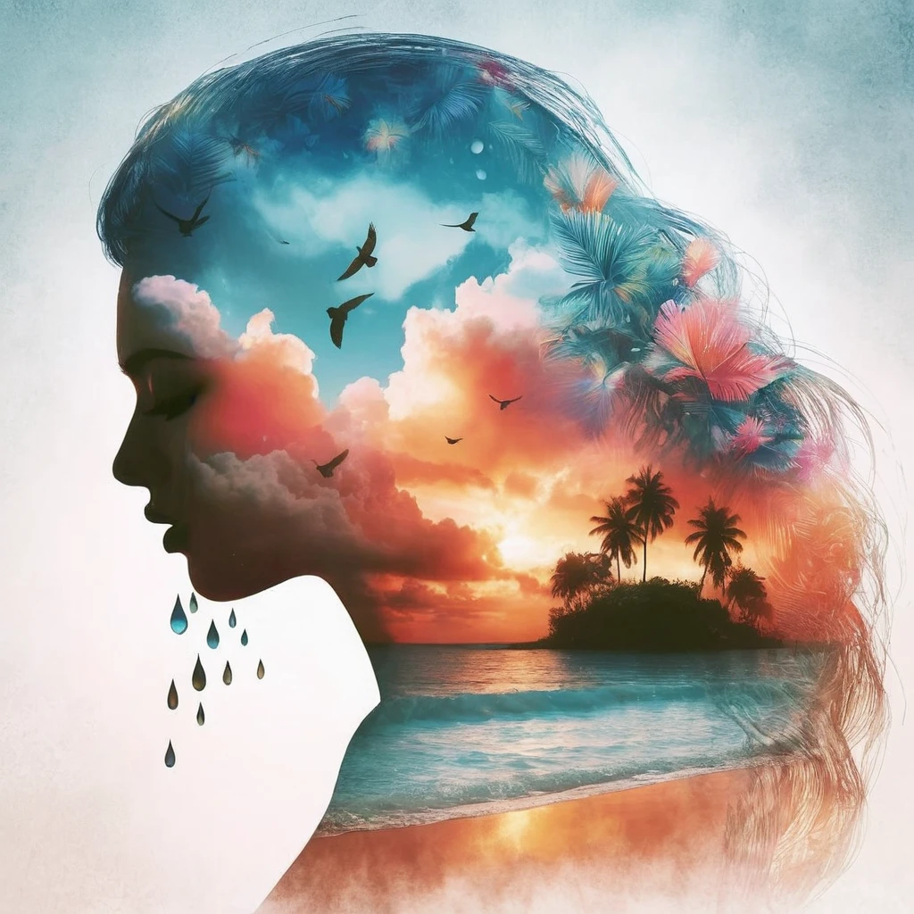 Create a double-exposure digital image that captures a transparent silhouette of a Plus Size Woman crying  with droplets of tears. Let the transparent outline of the woman be filled with an island with coconut trees and a backdrop of a radiant sunset and colourful clouds with silhoutte of birds giving the impression of a  voluptuos fertility godess. Her long hair transforms into colourful clouds evoking serenity and tranquility. Use the backdrop of a pale, misty sunset to further enhance the inviolability of the scene. The textures used inside the woman silhouette should be feminist and voluptuose. Ensure the overall aesthetic has a warm and soft tone that emphasizes the vibrant spirit of feminine beauty and female sexiness