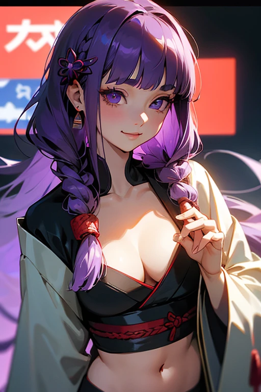 1 person, Blunt bangs, Braiding, Wide sleeves, hair ornaments, kimono, Obi says, (Purple Hair:1.2), Very long hair, Straight hair, Looking at the audience, Highly detailed background, (Realistic:1.2), Beautiful Eyes, Red eyeshadow, Written boundary depth，thigh, (Urzan-6500:0.7), Upper Body, (alone:1.2), (Cyberpunk City:1.1), Cleavage,,Glowing Skin、(Navel exposed).((Face close-up))、((smile))