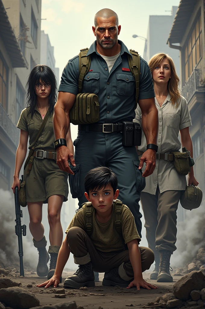 create the image of a strong military man with blond hair and blue eyes, a woman with dirty and torn clothes and long dark hair. a black-haired, blue-eyed military age boy, a forty year old nurse with brown hair