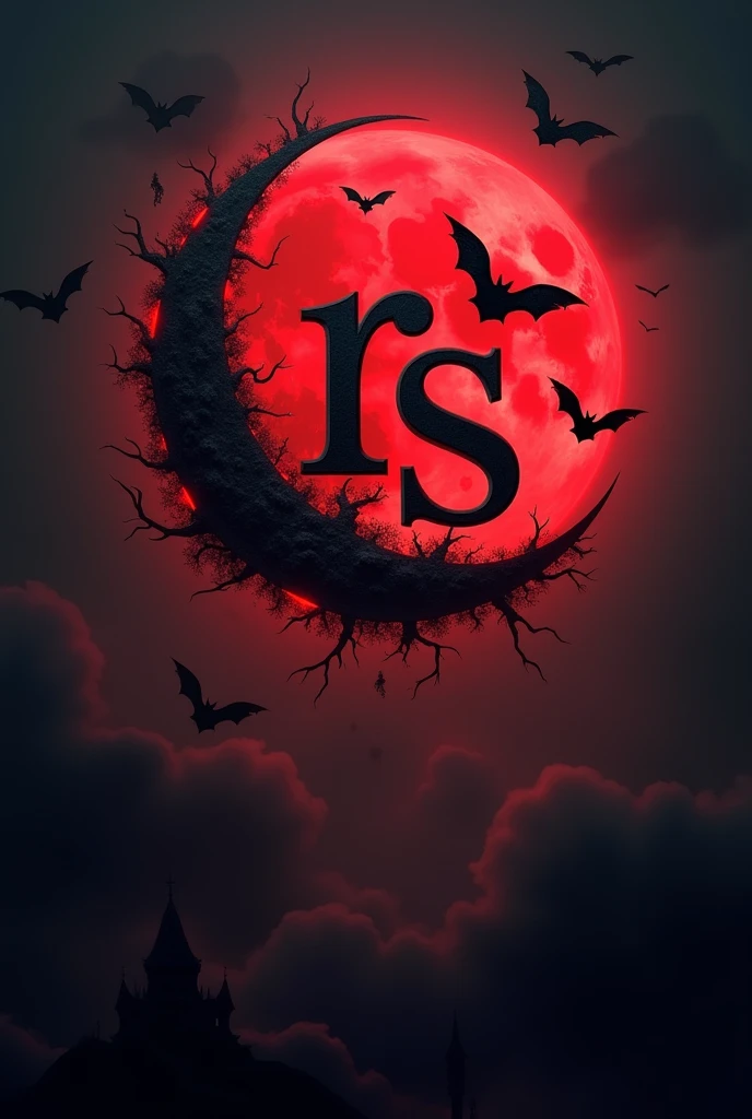 Create a logo of a red crescent moon with bats around it, with the letters RS in the middle in black and italic letters