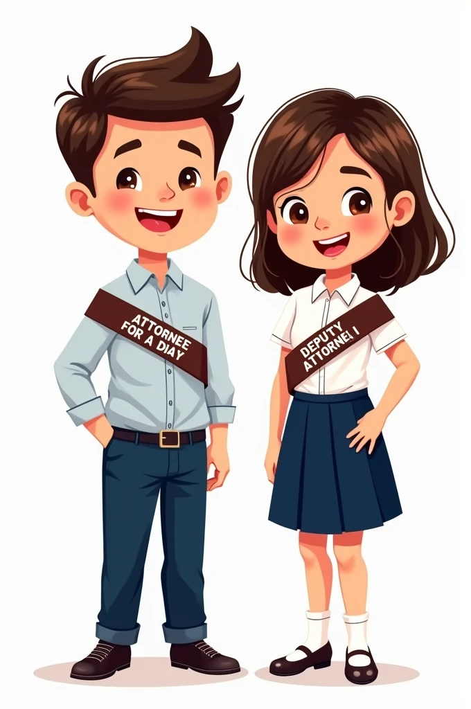 A student boy in navy blue pants and a white button-down shirt, a crossed band that says attorney for a day in Spanish, and a girl in a navy blue skirt and white button-down shirt with a cross-over band that says Deputy Attorney I, happy in cartoon style drawing form with white background