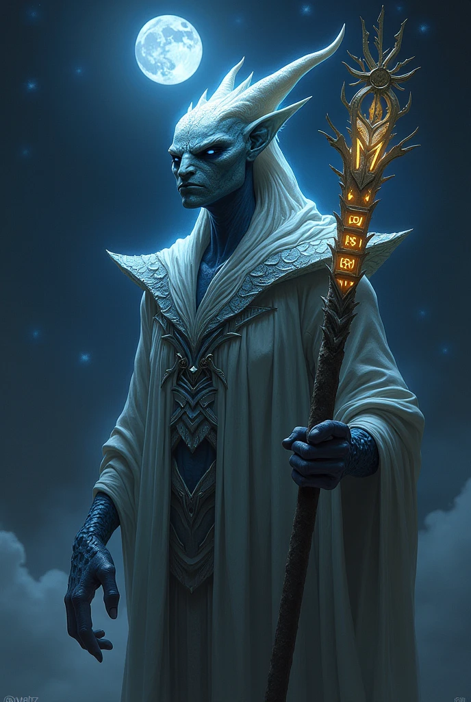 Against a dark, starry background, a regal extraterrestrial stands tall, its shimmering, iridescent scales catching the faint glow of a distant moon. The being's piercing blue eyes seem to gaze directly into the soul, while its slender fingers grasp a staff adorned with glowing runes. The subject's angular features are illuminated by a soft, ethereal light, casting an otherworldly aura around it.