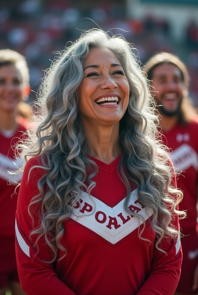 In the image, we encounter an enchanting scene featuring a charismatic gray haired female cheerleader, a vivacious 50-year-old of Chinese-American heritage. Her long, beautifully completely gray curly hair cascades gracefully, gracefully illustrating her confident spirit. As she passionately encourages her team, her energy radiates, infusing the atmosphere with an electric buzz. Alongside her, male football players intensify the background with their determined presence. This vibrant photograph captures the captivating essence of a spirited cheerleader, exuding both wisdom and allure in equal measure. The impeccable image quality allows every meticulous detail to shine, bringing this remarkable moment to life in vivid color and sharp clarity.