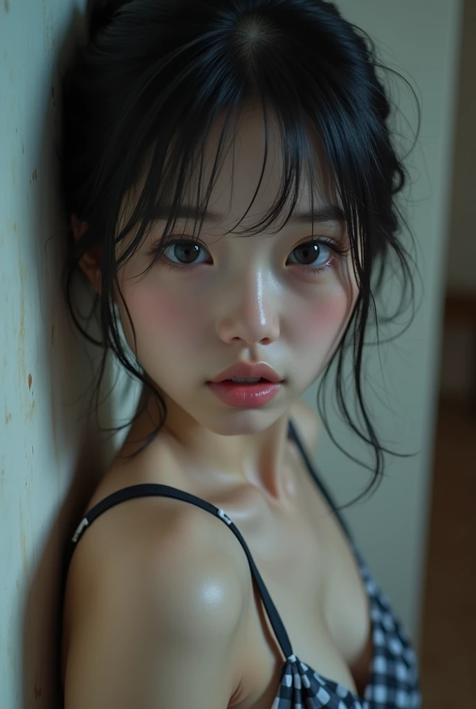 Realistic glowing skin, (発Sweat:1.8),Stand backwards,Look back at your face,Always look at the camera,(発Sweat:1.8),(Beautiful nipples in real life:1.6),,(whole body:1.9),(発Sweatしたリアルな白い肌:1.9),White socks, (Black leather shoes:1.8),
,Cold look,Cold Stare,Black Hair,short hair,Tie your hair short,Silky translucent white skin,,(Very detailed美しい顔), Great face and eyes, (Highest quality:1.4), (Very detailedな), (Very detailed CG 統合 8k 壁紙), Very detailed, High resolution raw color photos, Professional photography, Realistic portrait,Sweat,,(A Cup:1.9),(Flat Chest:1.9),(Very small breasts:1.9),(Breast augmentation:0.1),(Small breasts beginning to swell:1.9),(Breasts during puberty:1.9),
, (少女のwhole bodyの詳細なRAW写真), Canon EOS R5 250mm, Sharp focus, Cinema Lighting, (No makeup:1.2), Fine skin, Delicate collarbone,,(Ultra-high resolution:1.6), (Realistic:1.6),,(Japanese junior high school girls:1.9),(whole body:1.8),(Sweatが滴る肌:1.9),(Black pleated skirt for the lower body only:1.9),(Sweatで滲んだ肌:1.9),(Age is :1.9),(Raise one hand above your head:2),(Topless:1.9),Height is 155cm,Non-erect, thin nipples,very small nipples,Natural nipples,Real girl nipples,Not disgusting nipples、 (Armpit hair just starting to grow:1.9),(sit cross-legged:1.9),Sitting cross-legged,