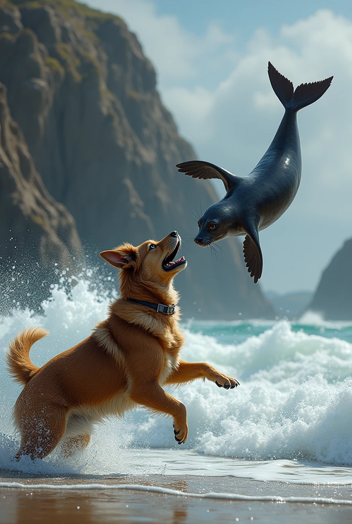 Realistic dog playing with a seal, the seal is flying 