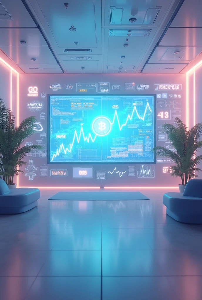 an environment with a large screen, recession movement, currency chart monitoring, Efeitos, exchange, popular variant art, pastel color scheme, soft lighting, cyber digital environment, (qualidade maxima), a large graphic screen