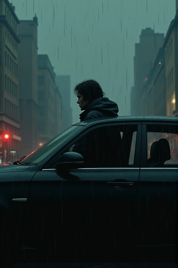 Inside the car, raining on a dark day.