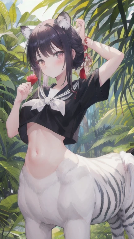 (best quality, masterpiece), 1 girl, centaur, I beg, White skin, Japanese schoolgirl,daughter,black pink, exposing the abdomen, belly button t-shirt , Beautiful girl perfect white tiger photo, Perfect jungle photo