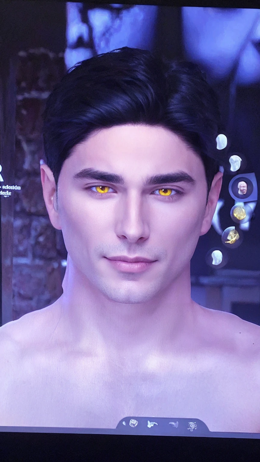 a handsome male vampire with short black hair, piercing yellow eyes, pale skin, seductive smile, pointed ears, high resolution, masterpiece, anatomically correct, best quality, precise, HD model, high details, fangs, expressive