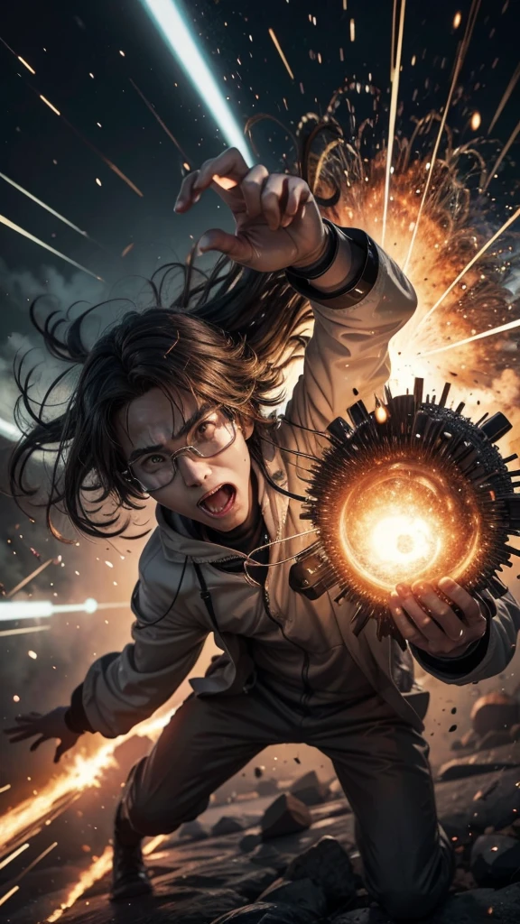 Draw in anime style a scientist being thrown into the distance by a distant explosion. Have him wear goggles and make it look like he's having fun with the situation with a big smile.