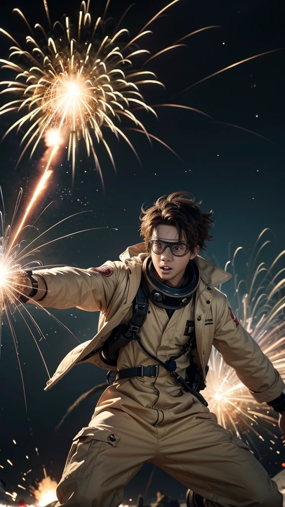 Draw in anime style a scientist being thrown into the distance by a distant explosion. Have him wear goggles and make it look like he&#39;s having fun with the situation with a big smile. 