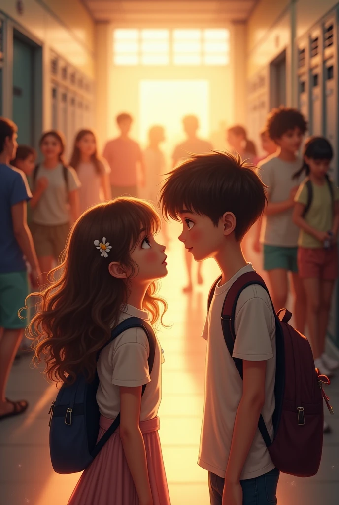 A girl and a boy looking at each other in a crowded school hallway
