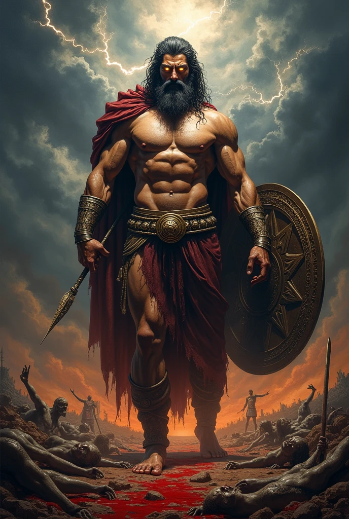 Title: "Ares: Lord of War and Chaos"
Dimensions and Composition: The painting is large, approximately 3 meters in height and 2 meters in width, a scale that imposes and conveys the grandeur of the theme. The composition is dominated by dark tones, with an intense use of shadows and contrasts that highlight the central figure of Ares.
Setting: The background is a battlefield ravaged by war, with a night sky filled with dense clouds and storms. Lightning illuminates the horizon, revealing silhouettes of mountains and ruins of destroyed civilizations. The ground is covered with corpses and debris, symbolizing the trail of destruction left by Ares.
Central Figure: Ares is positioned at the center of the work, his monumental figure occupying most of the space. He is depicted with powerful musculature, emphasizing his strength and vigor. His face is a mixture of classical beauty and terror, with glowing eyes reflecting an inner fire, as if chaos itself were personified in his expression. He wears dark bronze armor adorned with aged gold details, with inscriptions and symbols of war.
Position and Action: Ares stands in a proud posture, one leg resting on a rock while he holds a spear in one hand and a shield in the other. The spear, with its tip pointed downward, is embedded in the ground, symbolizing absolute dominance and control over war. The shield is adorned with scenes of epic battles in relief, which almost seem to come to life under the flickering light of the lightning.
Secondary Elements: Around Ares, spirits and shadows of fallen warriors float, writhing in agony. These ghostly figures are depicted with distorted faces and semi-transparent bodies, evoking the eternal pain of those who perished under the god’s fury. Streams of blood flow across the battlefield, like crimson rivers, reinforcing the macabre atmosphere.
Lighting: The lighting is dramatic, with sources of light seeming to emanate from both the lightning and Ares’ own body. The contrast between