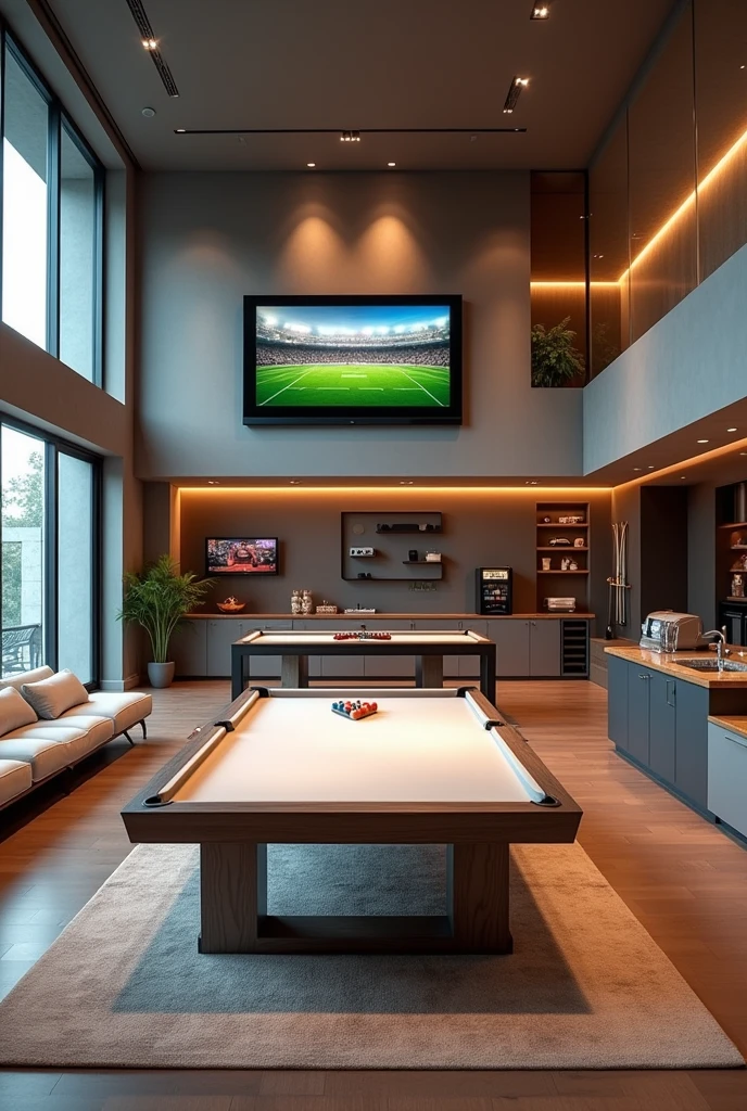 A very large room where there is a video game area, a billiard area, a mini bar and a TV to watch football, the single-story room, with video games and no people in the photo