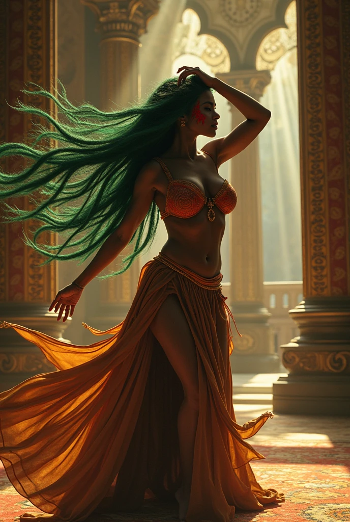 Black woman with honey brown skin and green hair and intricate red line drawing pattern on face belly dancing in a palace