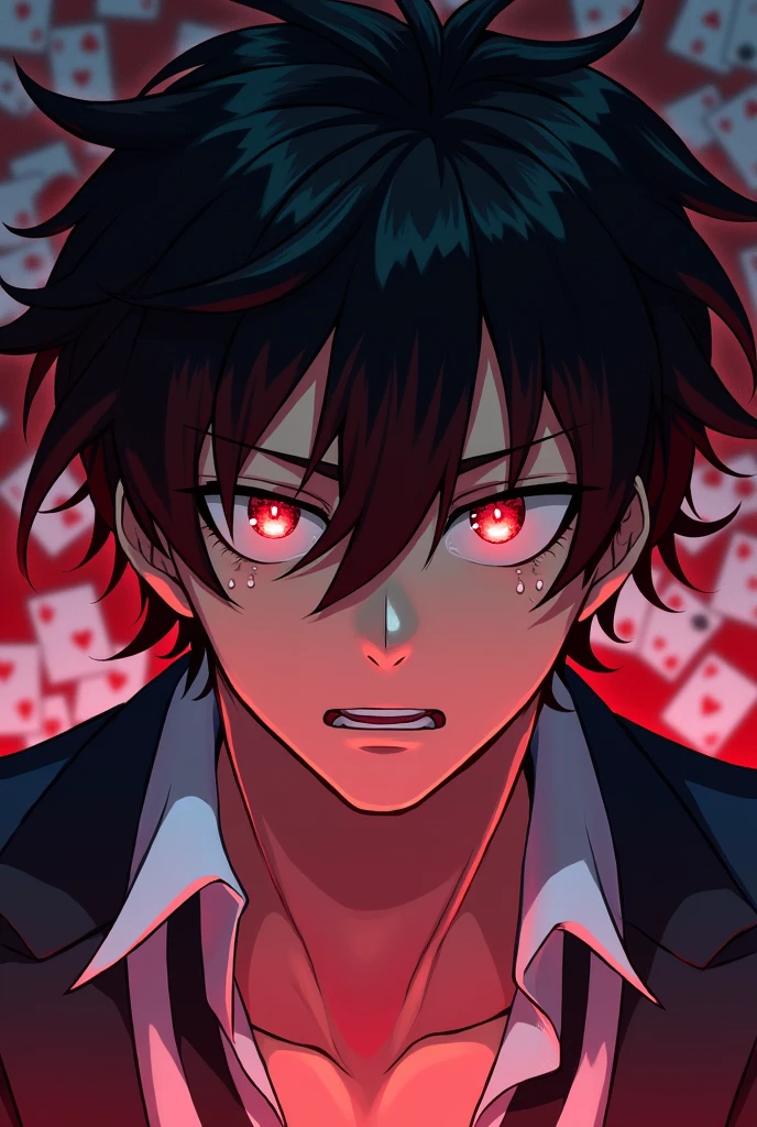Make a profile picture, like the style of the anime kakegurui, make the character as if it were Yumeko in the male version with crazy eyes, more serious with his eyes shining and him sweating in a very risky bet, more serious with the background with betting cards 