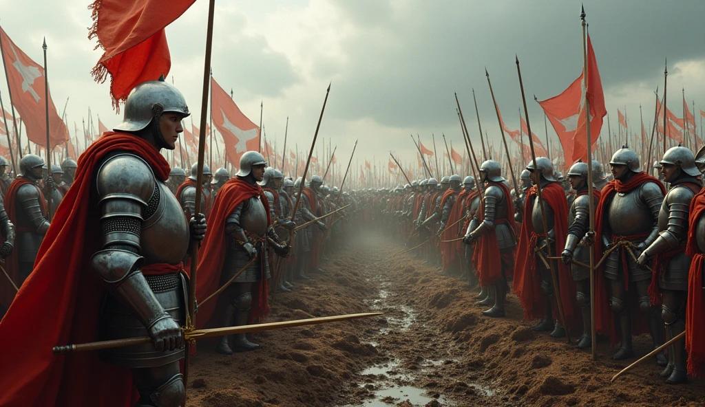 An artistic representation of the Battle of Agincourt, featuring knights in shining armor, longbowmen ready to fire, and a chaotic battlefield. The image captures the drama and scale of the war, with muddy terrain, fallen soldiers, and the intensity of combat. The sky is overcast, adding to the tension of the scene. The style is reminiscent of Edmund Blair Leighton, with detailed and expressive figures, realistic armor, and a sense of historical accuracy blended with artistic flair., Surrealism, Hyperrealism, UHD, retina, masterpiece, accurate, anatomically correct, textured skin, super detail, high quality, 16k