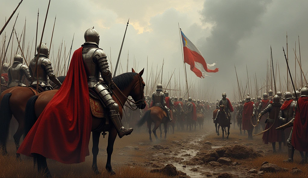 An artistic representation of the Battle of Agincourt, featuring knights in shining armor, longbowmen ready to fire, and a chaotic battlefield. The image captures the drama and scale of the war, with muddy terrain, fallen soldiers, and the intensity of combat. The sky is overcast, adding to the tension of the scene. The style is reminiscent of Edmund Blair Leighton, with detailed and expressive figures, realistic armor, and a sense of historical accuracy blended with artistic flair., Surrealism, Hyperrealism, UHD, retina, masterpiece, accurate, anatomically correct, textured skin, super detail, high quality, 16k