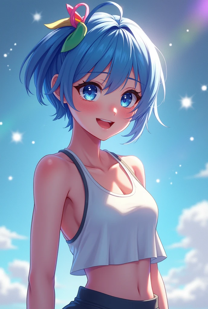 sourire léger, sueur, fille, vêtements d'entraînement, push up, (cheveux bleus : 1,2), (yeux bleus), (coupe de lutin : 1,3), ruban pour cheveux, étincelant, (pièce parfaite ultra détaillée : 1,2), illustration, chef-d'œuvre, (CG 8k extrêmement détaillé), (CG 8K très fin)