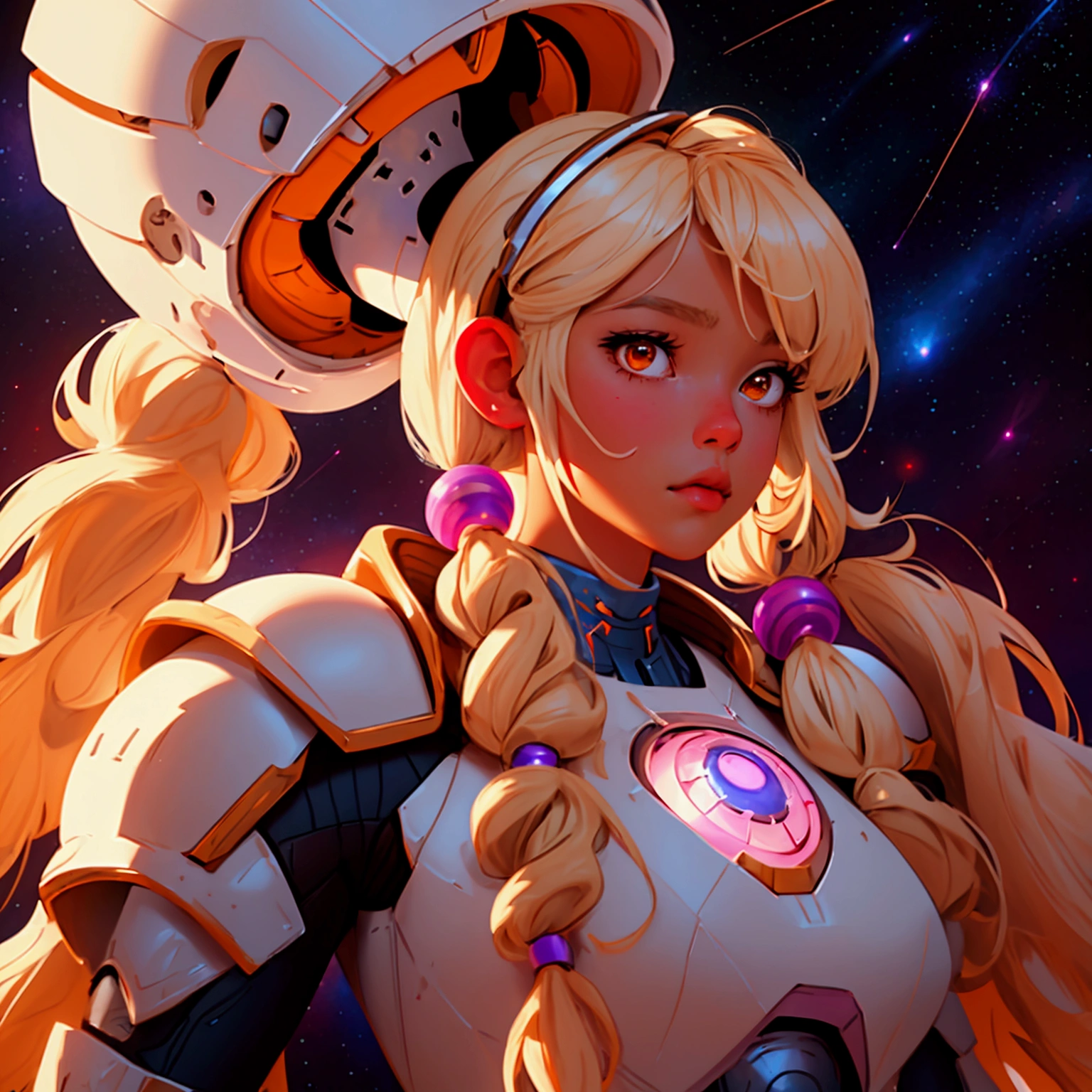 envision a 8k, highres, cinematic, close up beautiful portrait of an Big tall girl named Sana Tsukumo with long blonde hair in pigtails, tan skin, hair ornaments, orange eyes, wearing a white dress and superhero cosmic armor and a Galactus helmet against a space background with stars