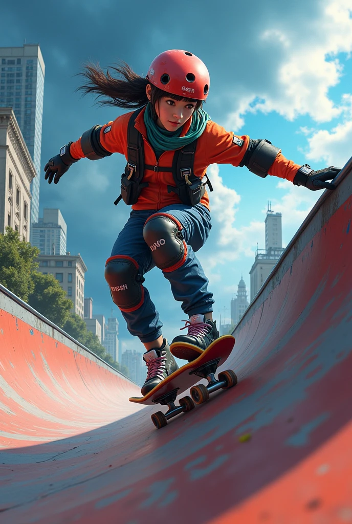a japanese girl skateboarder performing a trick on a half-pipe ramp. The skateboarder is mid-motion, with one hand touching the ramp for balance and the other arm extended. Safety gear, including a helmet and knee pads, is visible. The background features an urban landscape with buildings and thunderstorms on the sky.