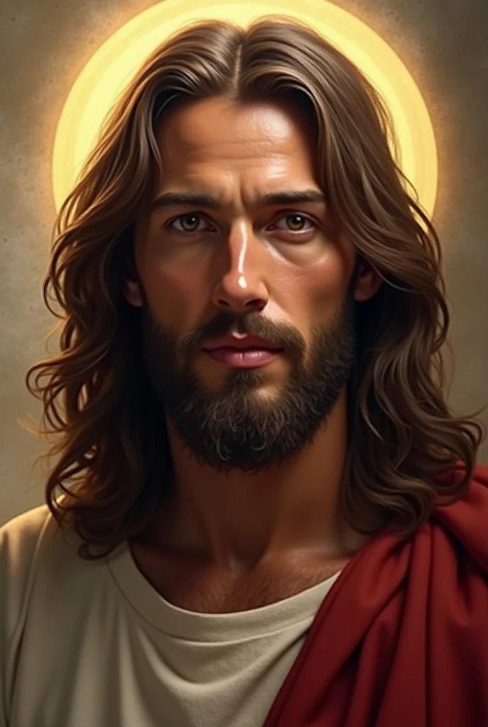 “Jesus Christ depicted from the waist up, looking directly forward as if speaking to the viewer. His expression is gentle and full of compassion, with deep, kind eyes that seem to convey a message of love and understanding. His lips are slightly parted, as if he is in mid-sentence, engaging directly with the viewer. His long, wavy hair frames his face, and a soft halo of light glows around his head. The background is kept simple and blurred, drawing full attention to Jesus as he appears to communicate personally with the person watching.”