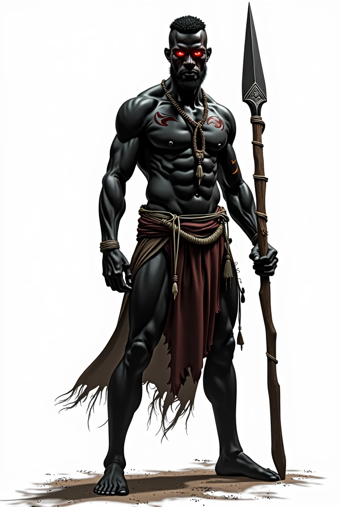 african tribal man, black skin, glow red eyes, spear, full body, white background