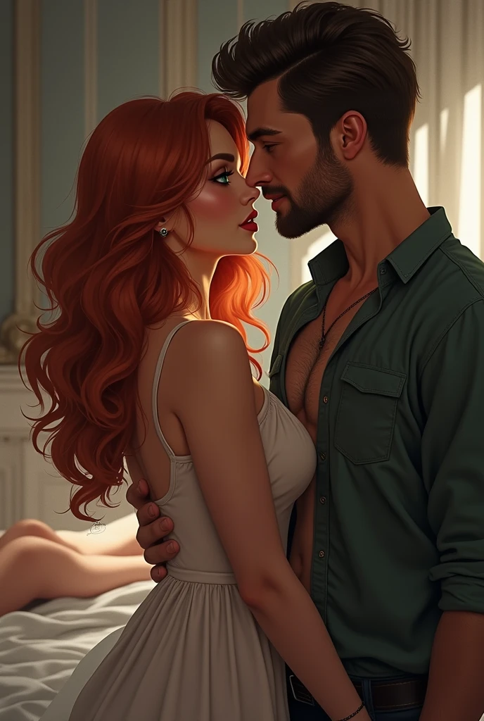 I want to create a happy married couple, The wife is a very beautiful woman with a body, her hair is reddish and her eyes are light green and the husband is somewhat handsome and very hard-working, One day the husband comes home and hears noises in his room from his wife and he sounds like moans