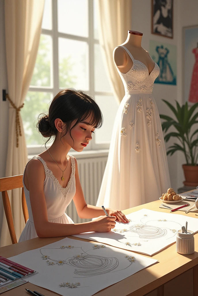 Girl designing a white Dior daisy dress