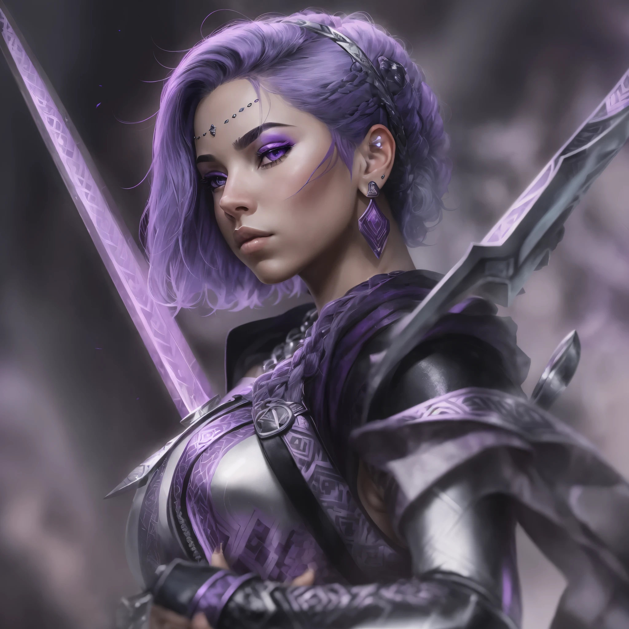 Captured from a low-angle perspective, a female warrior is depicted in a close-up shot. She is dressed in a metallic outfit, adorned with a purple hoodie and silver gloves. Her hair is styled in a short bob, adding a pop of color to her face. Her eyes are a piercing blue, and her lips are a darker pink. Her skin is covered in a pattern of black and white, while her hair is a light purple. She has a tattoo on her chest. Her left hand is raised, and she is holding a purple sword in her right hand. The background is blurred, suggesting a natural setting.