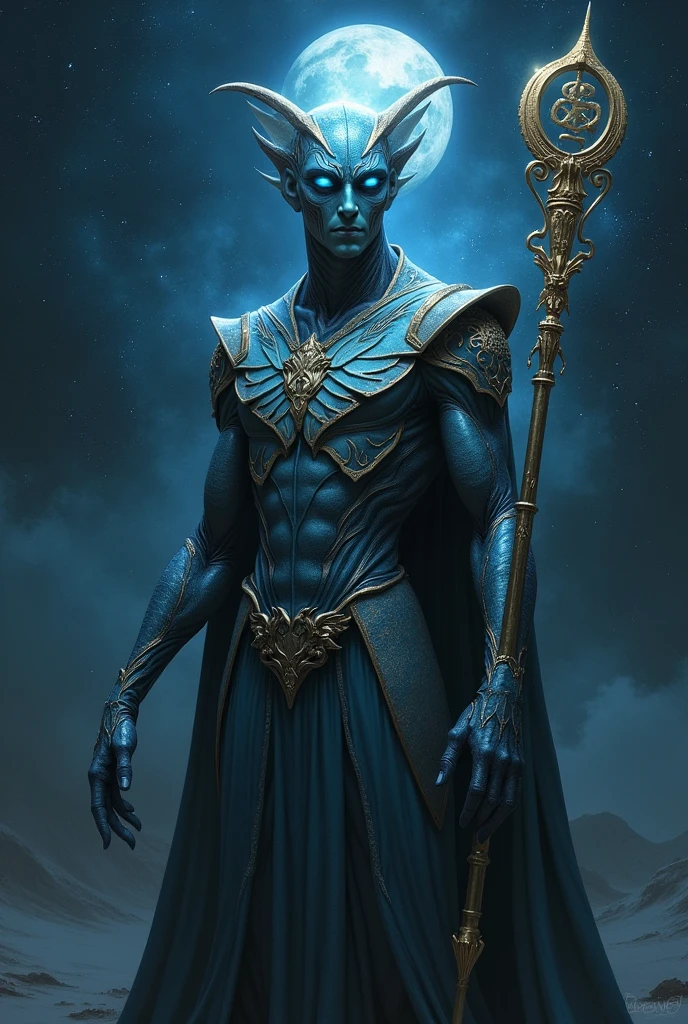 Against a dark, starry background, a regal extraterrestrial stands tall, its shimmering, iridescent scales catching the faint glow of a distant moon. The being's piercing blue eyes seem to gaze directly into the soul, while its slender fingers grasp a staff adorned with glowing runes. The subject's angular features are illuminated by a soft, ethereal light, casting an otherworldly aura around it.