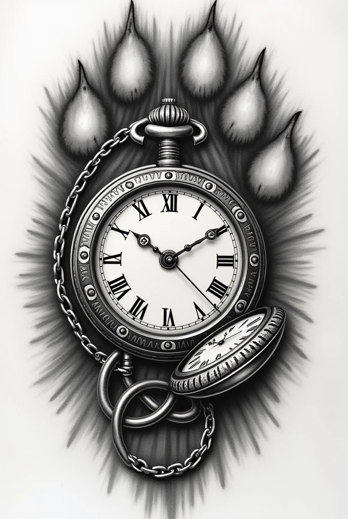 Design for a tattoo containing a hand watch and a pocket watch, both with a cat paw print in the background marking 7 pm on the hour