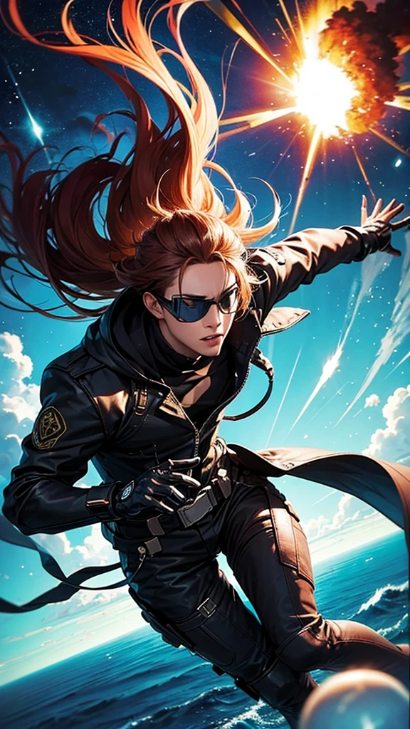 Draw in anime style a scientist being thrown into the distance by a distant explosion. Have him wear goggles and make it look like he's having fun with the situation with a big smile.