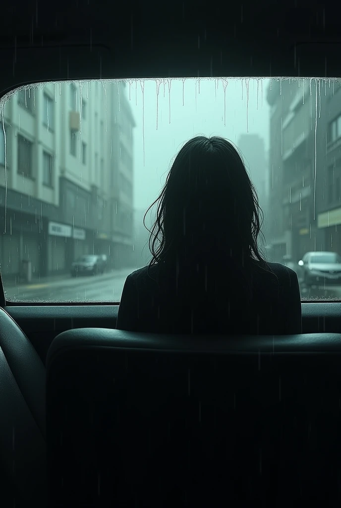 Inside the car, raining on a dark day.
