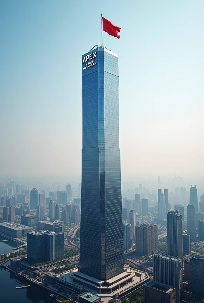 Create a huge building with a full view.Written Apex Global Holdings and a flag written Apex Global Holdings
