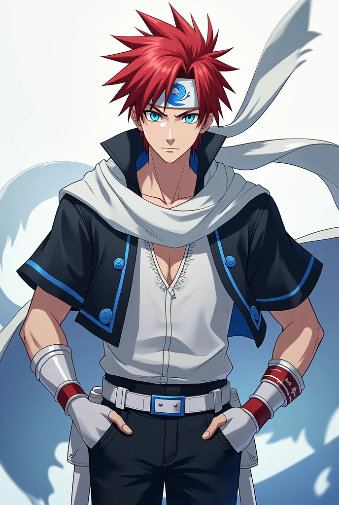 apenas 1 homem, very handsome man, red hair with hairstyle similar to the character Sasuke, but wearing a white bandana, with the symbol of a blue phoenix, very blue eyes, like heaven, very clear, Asian, wears a slightly short black jacket with cyan blue details, white blouse, with a long white scarf tied around her neck, that crawls to the ground, black pants and white military boots, with red details, besides white fingerless gloves, and a belt under the shirt.